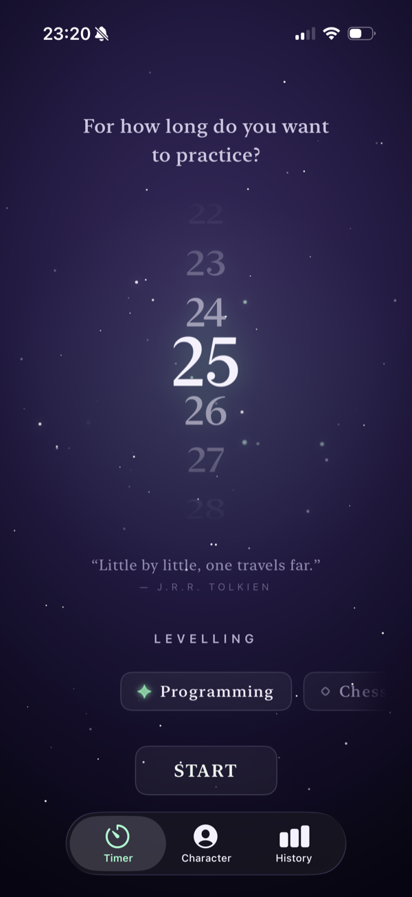 Levely timer screen: a minute wheel set to 25 and a skill rail
